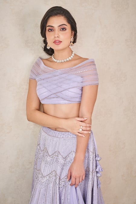 Shop_Sammohi By Moksha And Hiral_Purple Silk, Tulle Sequins, Beads Hand Embroidered Blouse Lehenga Set _Online_at_Aza_Fashions
