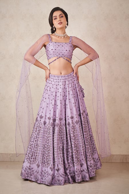 Sammohi By Moksha And Hiral Purple Silk, Tulle Crystals Square Neck Embroidered Blouse And Lehenga Set
