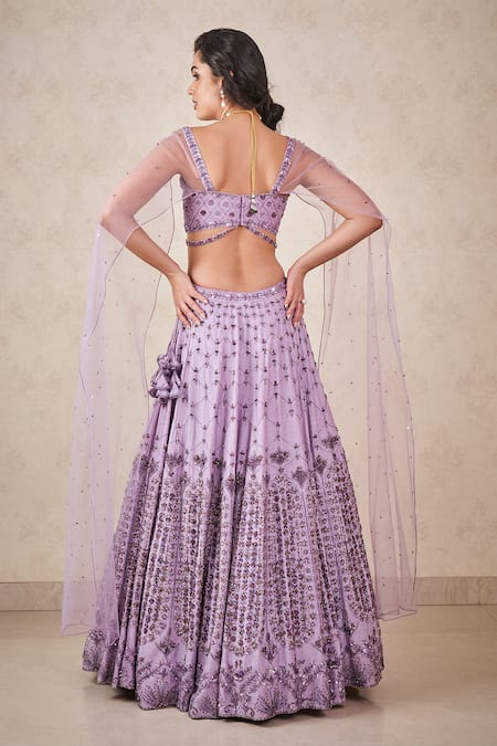 Shop Sammohi By Moksha And Hiral Purple Silk, Tulle Crystals Square Neck Embroidered Blouse And Lehenga Set at Aza Fashions Shop_Sammohi By Moksha And Hiral_Purple Silk, Tulle Crystals Square Neck Embroidered Blouse And Lehenga Set _at_Aza_Fashions