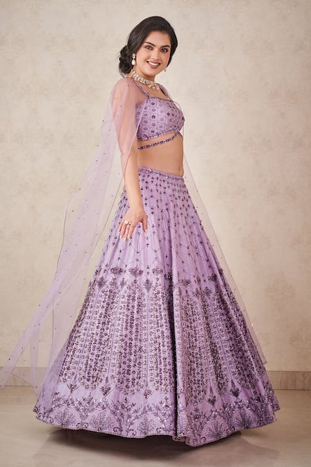 Buy Sammohi By Moksha And Hiral Purple Silk, Tulle Crystals Square Neck Embroidered Blouse And Lehenga Set Online at Aza Fashions Buy_Sammohi By Moksha And Hiral_Purple Silk, Tulle Crystals Square Neck Embroidered Blouse And Lehenga Set _Online_at_Aza_Fashions