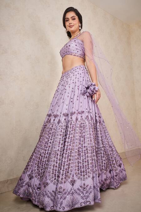 Sammohi By Moksha And Hiral Purple Silk, Tulle Crystals Square Neck Embroidered Blouse And Lehenga Set at Aza Fashions Sammohi By Moksha And Hiral_Purple Silk, Tulle Crystals Square Neck Embroidered Blouse And Lehenga Set _at_Aza_Fashions