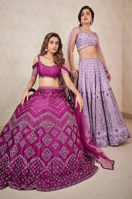 Sammohi By Moksha And Hiral_Purple Silk, Tulle Crystals Work Blouse Lehenga Set _Online_at_Aza_Fashions