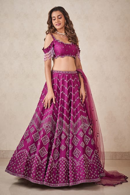 Buy_Sammohi By Moksha And Hiral_Purple Silk, Tulle Crystals Work Blouse Lehenga Set _Online_at_Aza_Fashions