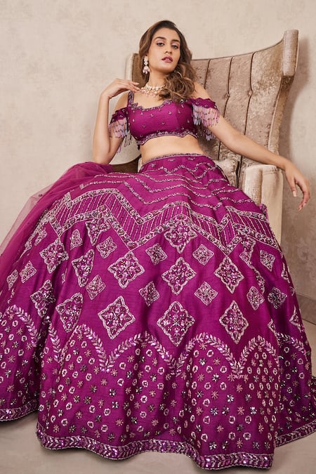 Shop_Sammohi By Moksha And Hiral_Purple Silk, Tulle Crystals Work Blouse Lehenga Set _Online_at_Aza_Fashions