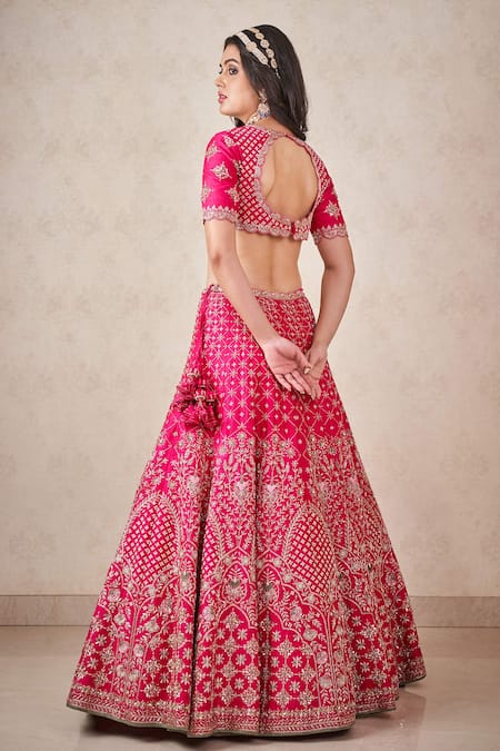 Shop Sammohi By Moksha And Hiral Pink Silk, Tulle Embroidery, Zari Round Neck Zardosi Blouse Bridal Lehenga Set at Aza Fashions Shop_Sammohi By Moksha And Hiral_Pink Silk, Tulle Embroidery, Zari Round Neck Zardosi Blouse Bridal Lehenga Set _at_Aza_Fashions