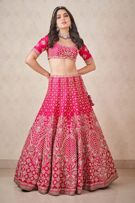 Sammohi By Moksha And Hiral Pink Silk, Tulle Embroidery, Zari Round Neck Zardosi Blouse Bridal Lehenga Set Online at Aza Fashions Sammohi By Moksha And Hiral_Pink Silk, Tulle Embroidery, Zari Round Neck Zardosi Blouse Bridal Lehenga Set _Online_at_Aza_Fashions