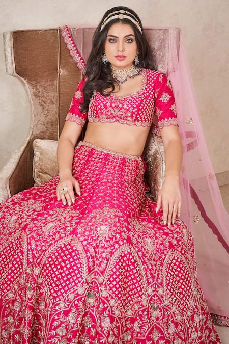 Buy Sammohi By Moksha And Hiral Pink Silk, Tulle Embroidery, Zari Round Neck Zardosi Blouse Bridal Lehenga Set Online at Aza Fashions Buy_Sammohi By Moksha And Hiral_Pink Silk, Tulle Embroidery, Zari Round Neck Zardosi Blouse Bridal Lehenga Set _Online_at_Aza_Fashions