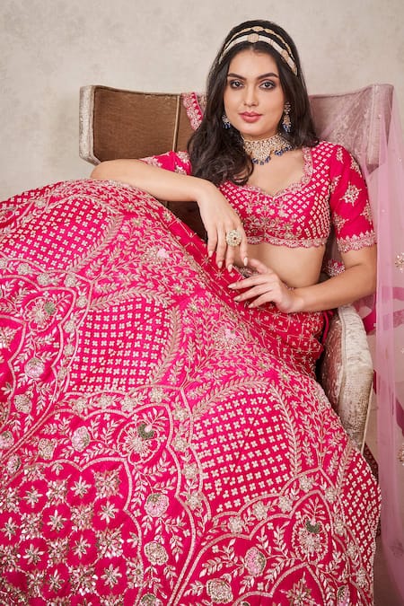 Shop Sammohi By Moksha And Hiral Pink Silk, Tulle Embroidery, Zari Round Neck Zardosi Blouse Bridal Lehenga Set Online at Aza Fashions Shop_Sammohi By Moksha And Hiral_Pink Silk, Tulle Embroidery, Zari Round Neck Zardosi Blouse Bridal Lehenga Set _Online_at_Aza_Fashions