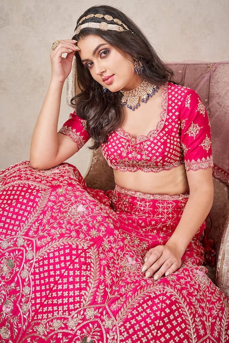 Sammohi By Moksha And Hiral Pink Silk, Tulle Embroidery, Zari Round Neck Zardosi Blouse Bridal Lehenga Set at Aza Fashions Sammohi By Moksha And Hiral_Pink Silk, Tulle Embroidery, Zari Round Neck Zardosi Blouse Bridal Lehenga Set _at_Aza_Fashions