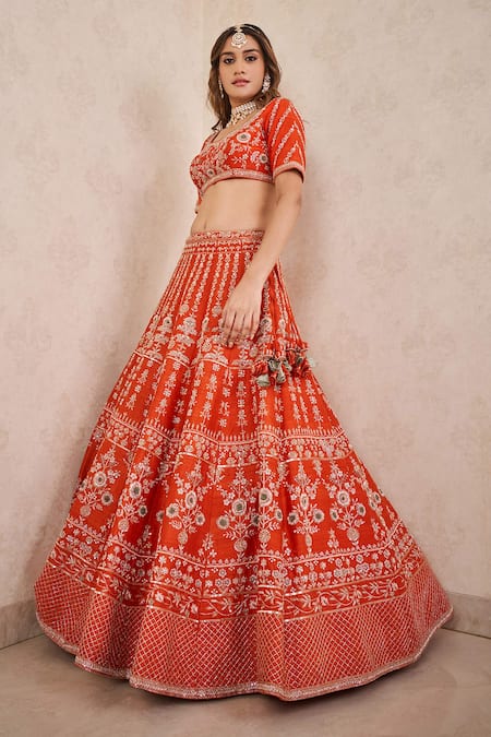 Sammohi By Moksha And Hiral Orange Silk Zari Asymmetric Zardosi Work Blouse Bridal Lehenga Set Online at Aza Fashions Sammohi By Moksha And Hiral_Orange Silk Zari Asymmetric Zardosi Work Blouse Bridal Lehenga Set _Online_at_Aza_Fashions