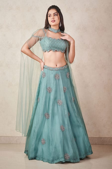 Sammohi By Moksha And Hiral Green Silk Organza, Denim, Tulle Sequins, Beads Embroidered Blouse Lehenga Set