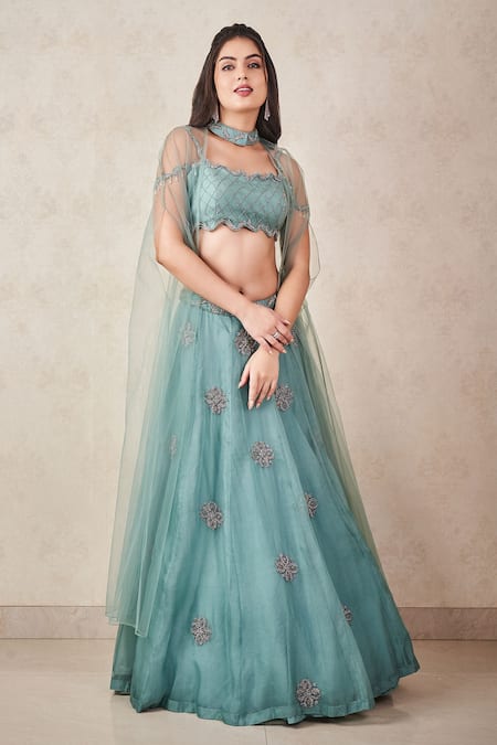Sammohi By Moksha And Hiral_Green Silk Organza, Denim, Tulle Sequins, Beads Embroidered Blouse Lehenga Set _Online_at_Aza_Fashions