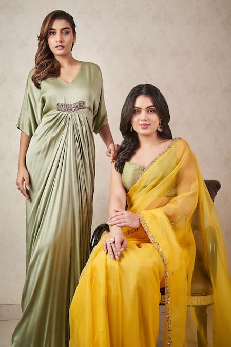 Sammohi By Moksha And Hiral_Green Cotton Satin Crystals V-neck Kaftan _Online_at_Aza_Fashions