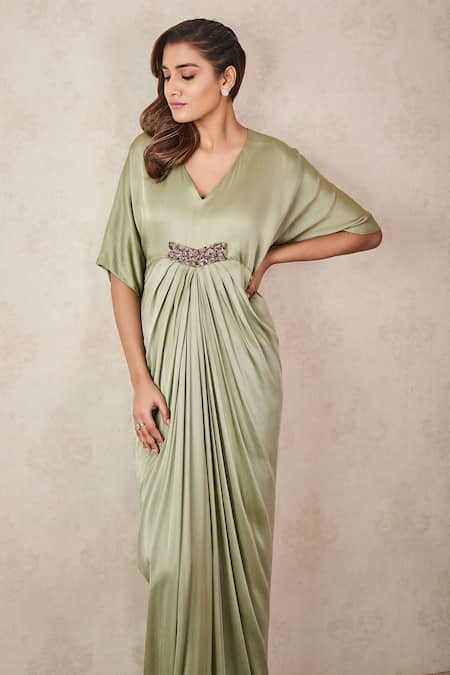 Buy_Sammohi By Moksha And Hiral_Green Cotton Satin Crystals V-neck Kaftan _Online_at_Aza_Fashions