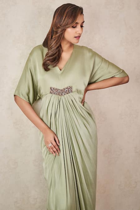 Shop_Sammohi By Moksha And Hiral_Green Cotton Satin Crystals V-neck Kaftan _Online_at_Aza_Fashions