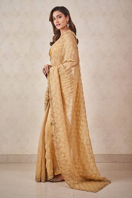 Sammohi By Moksha And Hiral Gold Silk Organza, Tulle Sequins, Beads Hand Embroidered Saree With Blouse Online at Aza Fashions Sammohi By Moksha And Hiral_Gold Silk Organza, Tulle Sequins, Beads Hand Embroidered Saree With Blouse _Online_at_Aza_Fashions