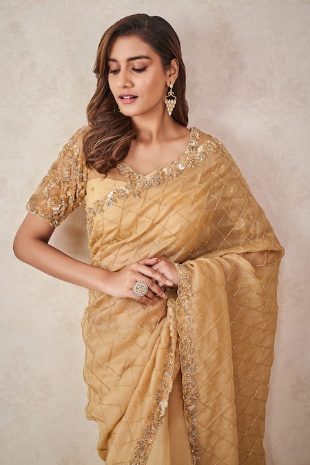 Buy Sammohi By Moksha And Hiral Gold Silk Organza, Tulle Sequins, Beads Hand Embroidered Saree With Blouse Online at Aza Fashions Buy_Sammohi By Moksha And Hiral_Gold Silk Organza, Tulle Sequins, Beads Hand Embroidered Saree With Blouse _Online_at_Aza_Fashions