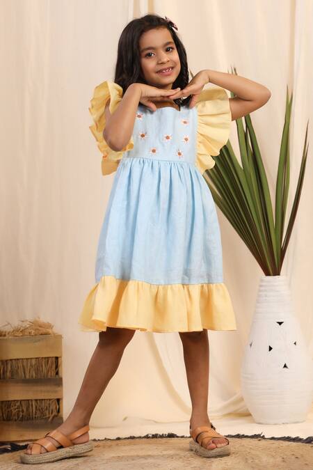 Buy_Casa Ninos_Blue Linen Embroidery Floral Dress _Online_at_Aza_Fashions