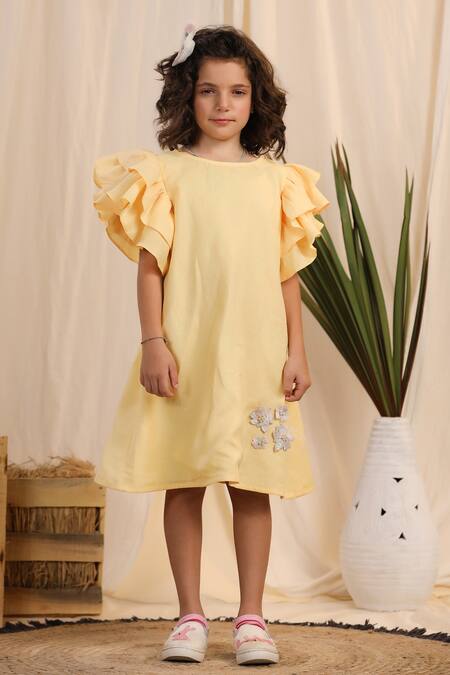 Shop_Casa Ninos_Yellow Linen Feathers, Beads, Fabric Flowers Patchwork Embroidered Dress _Online_at_Aza_Fashions