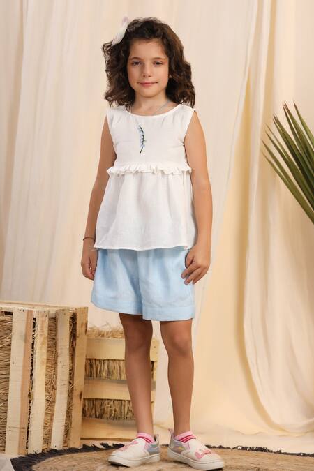 Casa Ninos_White Linen Embroidery Placement Top And Shorts Set _Online_at_Aza_Fashions