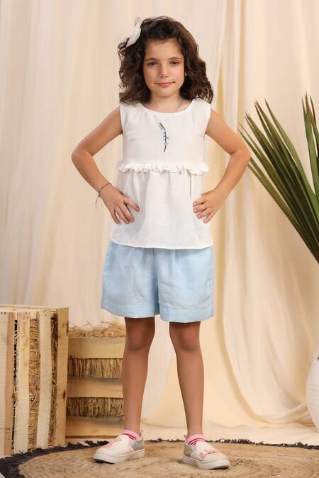 Shop_Casa Ninos_White Linen Embroidery Placement Top And Shorts Set _Online_at_Aza_Fashions