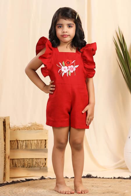 CASA NINOS Red Linen Embroidery Thread Placement Playsuit 