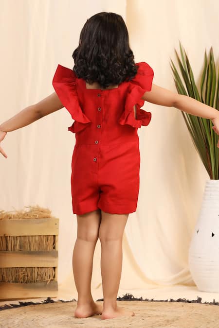 Shop_Casa Ninos_Red Linen Embroidery Placement Playsuit _at_Aza_Fashions