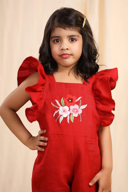 Casa Ninos_Red Linen Embroidery Placement Playsuit _Online_at_Aza_Fashions