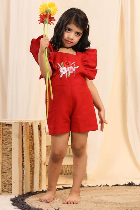 Buy_Casa Ninos_Red Linen Embroidery Placement Playsuit _Online_at_Aza_Fashions