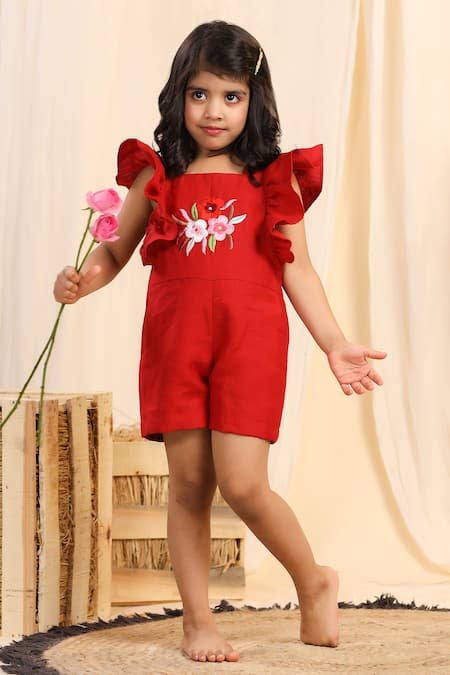 Casa Ninos_Red Linen Embroidery Placement Playsuit _at_Aza_Fashions