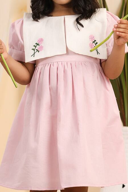 Buy Casa Ninos Pink Linen Embroidery Collar Dress Online at Aza Fashions Buy_Casa Ninos_Pink Linen Embroidery Collar Dress _Online_at_Aza_Fashions