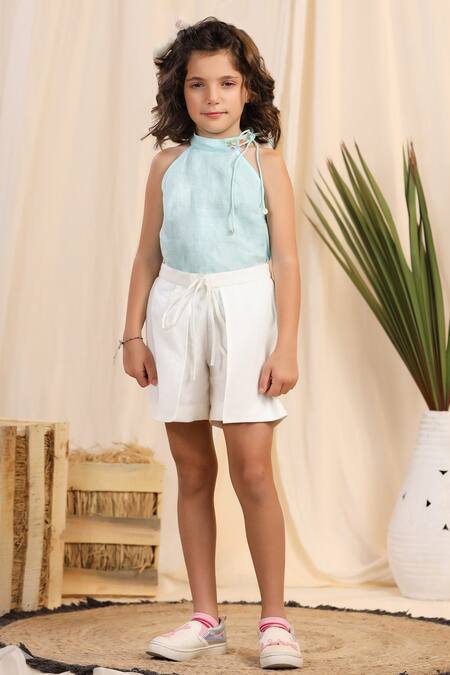 Casa Ninos_Green Linen Embroidery Neckline Top And Skort Set _Online_at_Aza_Fashions