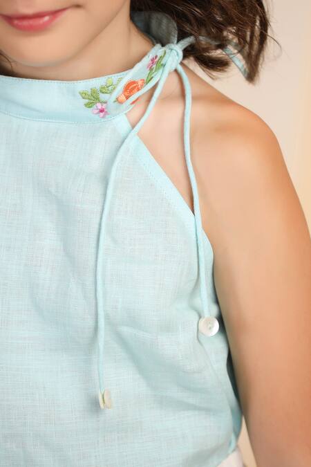 Shop_Casa Ninos_Green Linen Embroidery Neckline Top And Skort Set _Online_at_Aza_Fashions