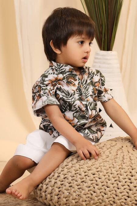 Casa Ninos_Green Cotton Printed Tropical Shirt _Online_at_Aza_Fashions