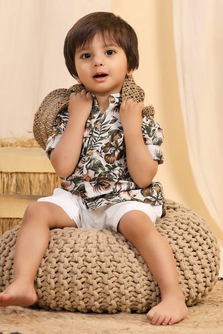 Shop_Casa Ninos_Green Cotton Printed Tropical Shirt _Online_at_Aza_Fashions