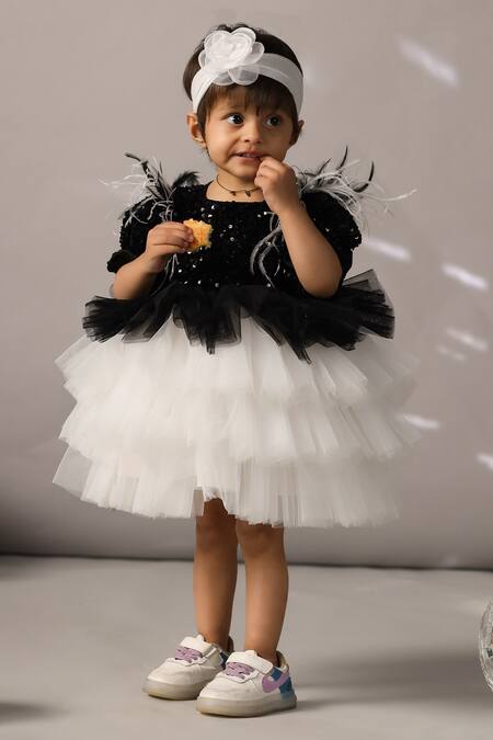 Casa Ninos_Black Net Sequins, Feathers Sleeve Embellished Dress _Online_at_Aza_Fashions