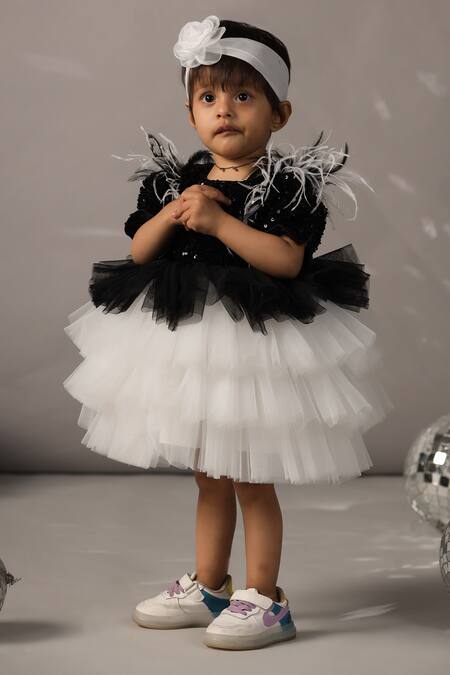 Buy_Casa Ninos_Black Net Sequins, Feathers Sleeve Embellished Dress _Online_at_Aza_Fashions