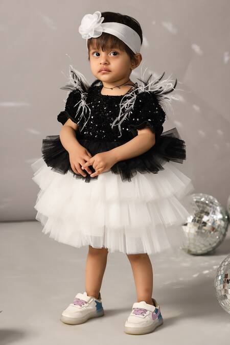 Shop_Casa Ninos_Black Net Sequins, Feathers Sleeve Embellished Dress _Online_at_Aza_Fashions