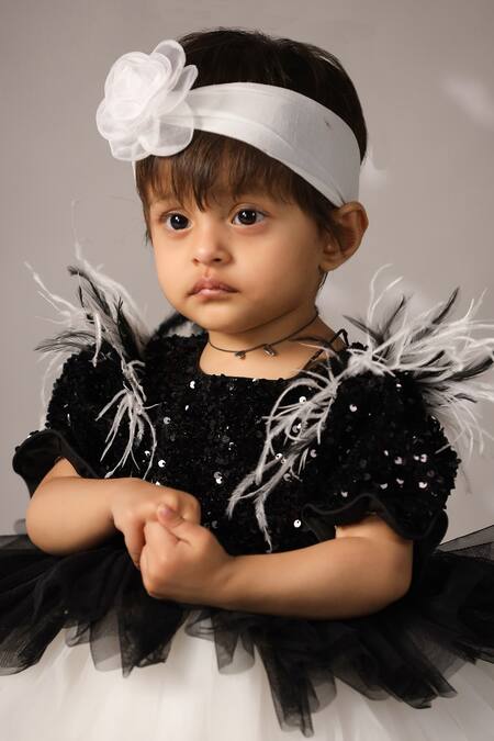 Casa Ninos_Black Net Sequins, Feathers Sleeve Embellished Dress _at_Aza_Fashions