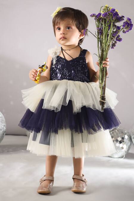 Buy_Casa Ninos_Off White Net Sequins Layered Embroidered Dress _Online_at_Aza_Fashions