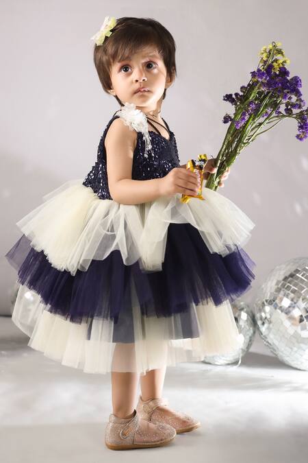 Casa Ninos_Off White Net Sequins Layered Embroidered Dress _at_Aza_Fashions