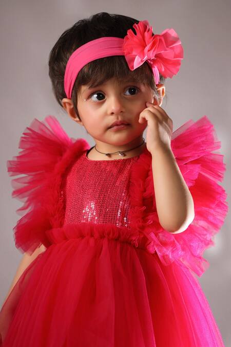 Shop_Casa Ninos_Fuchsia Net Sequins Ruffle Sleeve Dress _Online_at_Aza_Fashions