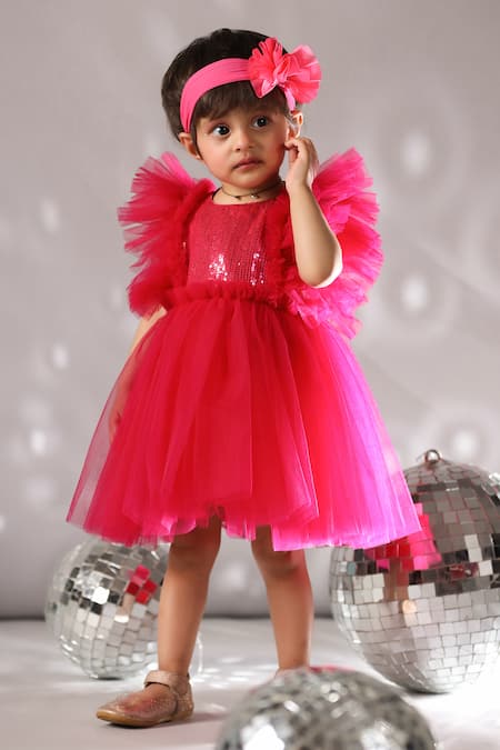 Casa Ninos_Fuchsia Net Sequins Ruffle Sleeve Dress _at_Aza_Fashions