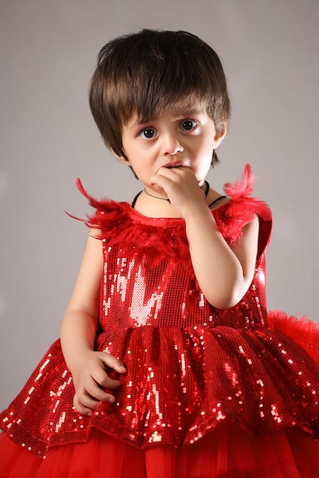Casa Ninos_Red Net Sequins Embroidered Dress _Online_at_Aza_Fashions
