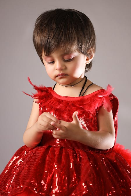 Buy_Casa Ninos_Red Net Sequins Embroidered Dress _Online_at_Aza_Fashions
