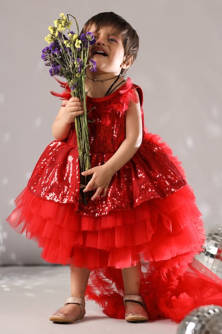 Casa Ninos_Red Net Sequins Embroidered Dress _at_Aza_Fashions