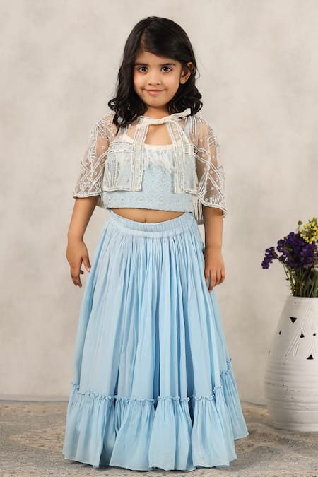 Casa Ninos_Blue Georgette Beads, Sequins Embroidered Cape Lehenga Set _Online_at_Aza_Fashions