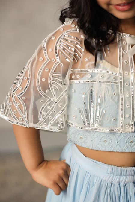 Buy_Casa Ninos_Blue Georgette Beads, Sequins Embroidered Cape Lehenga Set _Online_at_Aza_Fashions