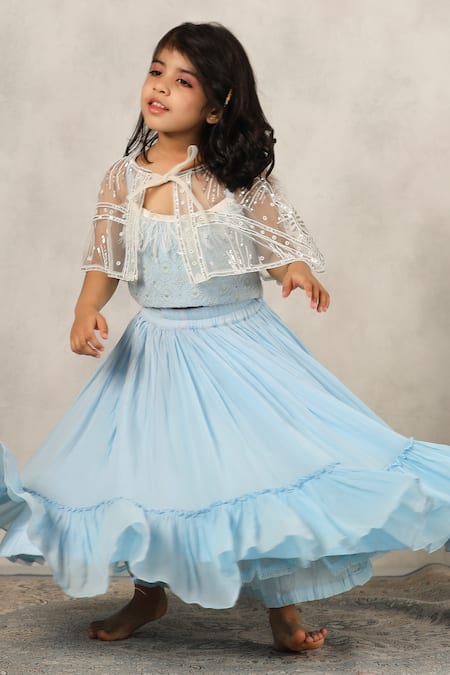 Shop_Casa Ninos_Blue Georgette Beads, Sequins Embroidered Cape Lehenga Set _Online_at_Aza_Fashions