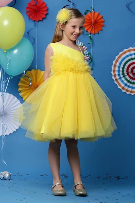 Shop_Casa Ninos_Yellow Cotton, Net Ruffled Yoke Dress _Online_at_Aza_Fashions
